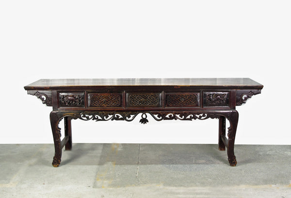 96” Inch Long Antique Brown Chinese Altar Console Table – 3 Drawers