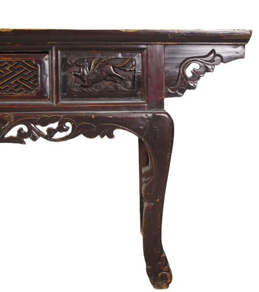 96” Inch Long Antique Brown Chinese Altar Console Table – 3 Drawers