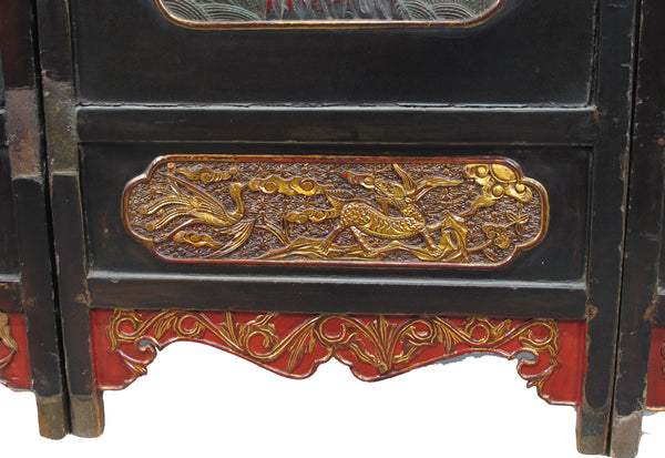 Antique Chinese Room Divider w Hand Carved & Gilded Dragons on Both Sides - Set of 4