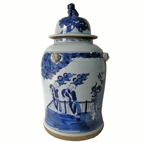 Blue and White Chinese Porcelain Ginger Jar With Hand Painted Playing Children