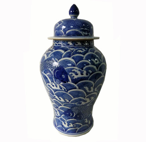 Blue and White Porcelain Ginger Jar With Ocean Waves & Fish