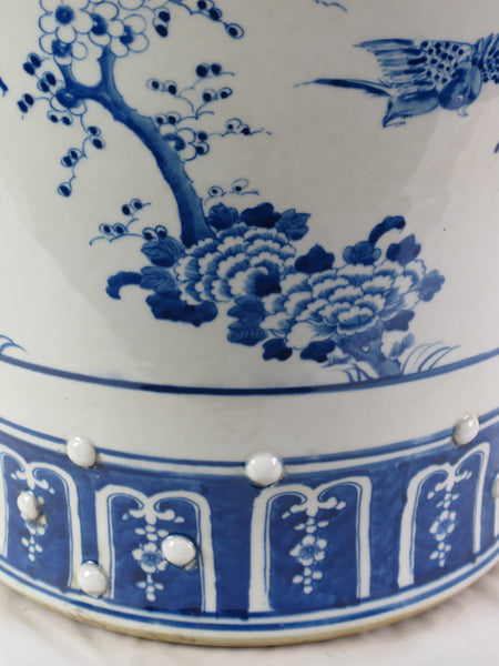 Large 27 Inch Tall Blue and White Porcelain Ginger Jar With Flowers & Flying Birds