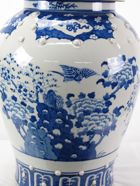 Large 27 Inch Tall Blue and White Porcelain Ginger Jar With Flowers & Flying Birds