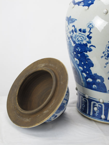 Large 27 Inch Tall Blue and White Porcelain Ginger Jar With Flowers & Flying Birds