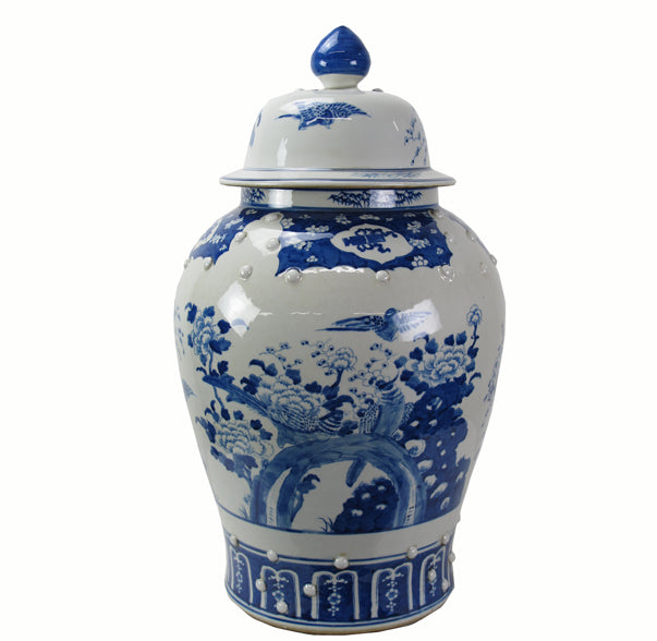 Large 27 Inch Tall Blue and White Porcelain Ginger Jar With Flowers & Flying Birds