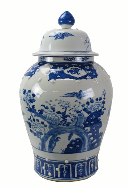 Large 27 Inch Tall Blue and White Porcelain Ginger Jar With Flowers & Flying Birds