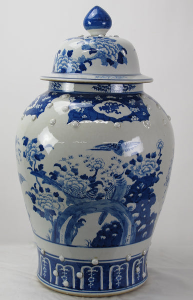 Large 27 Inch Tall Blue and White Porcelain Ginger Jar With Flowers & Flying Birds