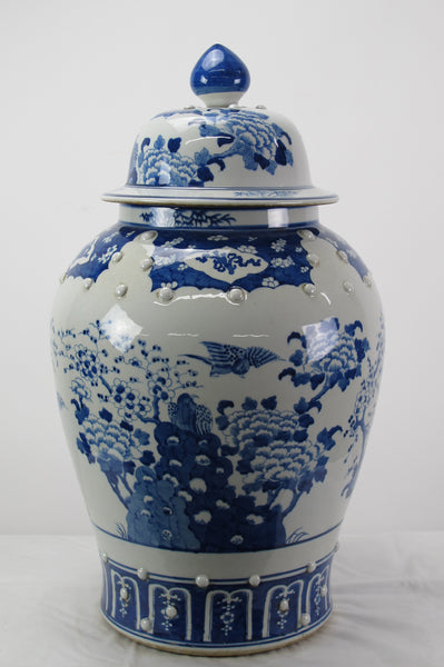 Large 27 Inch Tall Blue and White Porcelain Ginger Jar With Flowers & Flying Birds