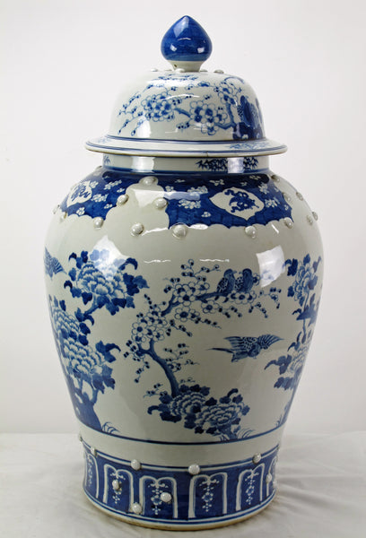 Large 27 Inch Tall Blue and White Porcelain Ginger Jar With Flowers & Flying Birds