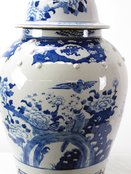 Large 27 Inch Tall Blue and White Porcelain Ginger Jar With Flowers & Flying Birds