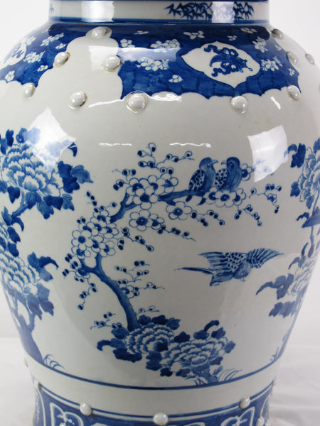 Large 27 Inch Tall Blue and White Porcelain Ginger Jar With Flowers & Flying Birds