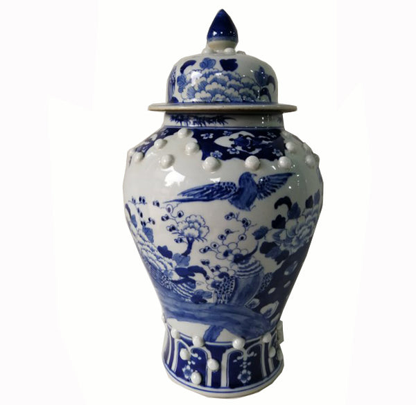 Blue and White Chinese Porcelain Ginger Jar With Birds & Flowers