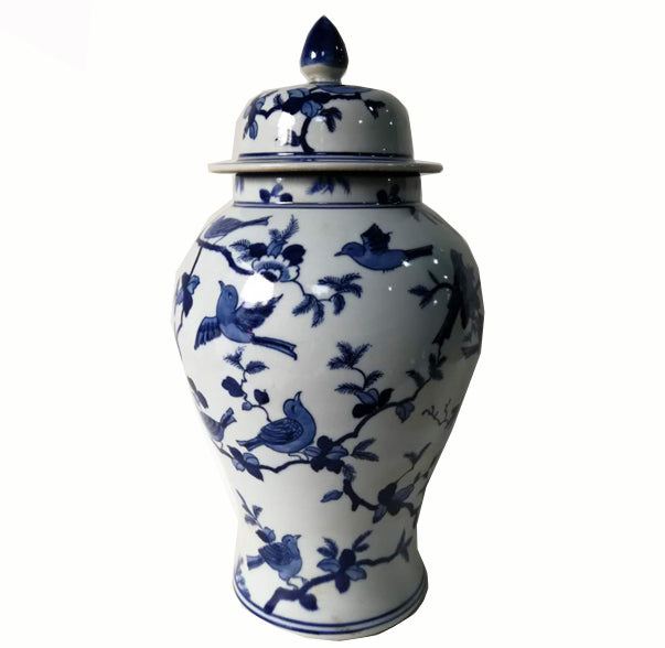 Blue and White Decorative Porcelain Ginger Jar With Birds on Tree
