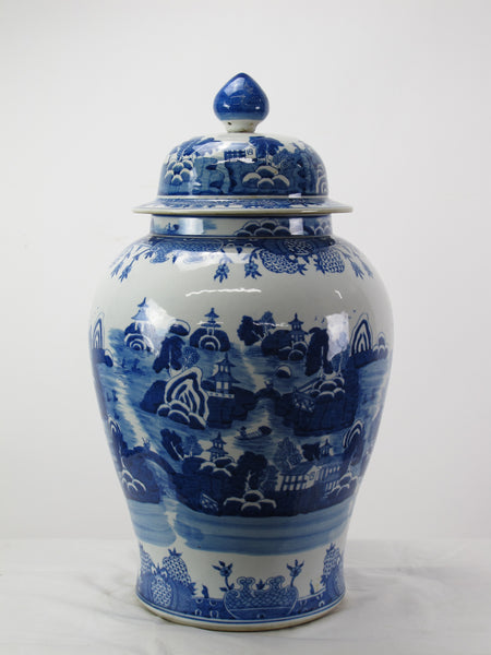 Large 27 Inch Tall Blue and White Porcelain Ginger Jar With Hand Painted Scenery