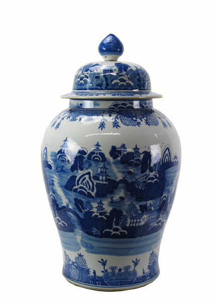 Large 27 Inch Tall Blue and White Porcelain Ginger Jar With Hand Painted Scenery
