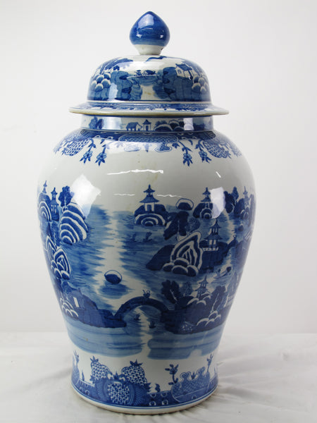 Large 27 Inch Tall Blue and White Porcelain Ginger Jar With Hand Painted Scenery