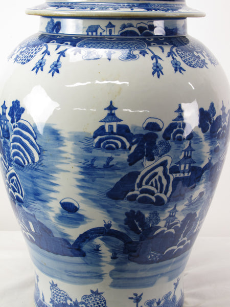 Large 27 Inch Tall Blue and White Porcelain Ginger Jar With Hand Painted Scenery