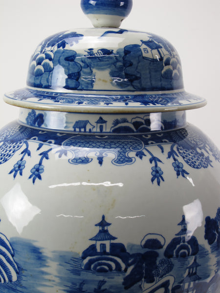 Large 27 Inch Tall Blue and White Porcelain Ginger Jar With Hand Painted Scenery