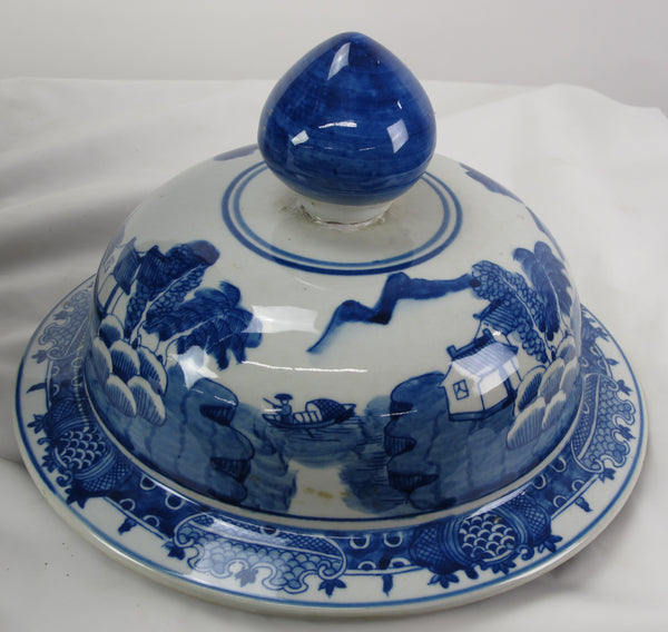 Large 27 Inch Tall Blue and White Porcelain Ginger Jar With Hand Painted Scenery