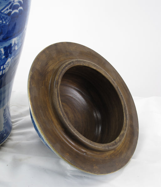 Large 27 Inch Tall Blue and White Porcelain Ginger Jar With Hand Painted Scenery