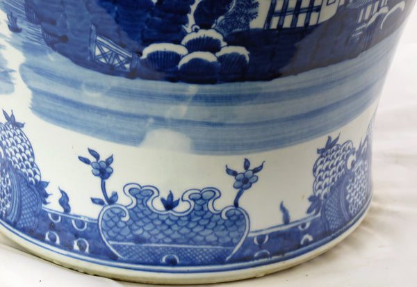 Large 27 Inch Tall Blue and White Porcelain Ginger Jar With Hand Painted Scenery