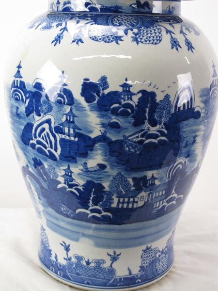 Large 27 Inch Tall Blue and White Porcelain Ginger Jar With Hand Painted Scenery
