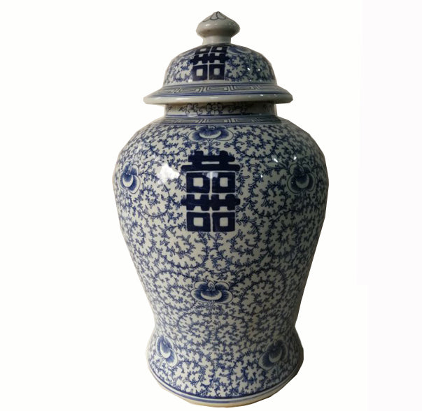 Double Happiness 20" Tall Blue and White Porcelain Ginger Jar