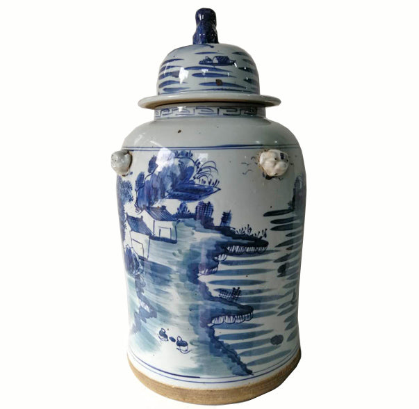 Blue and White Oriental Porcelain Ginger Jar With foo dog lid