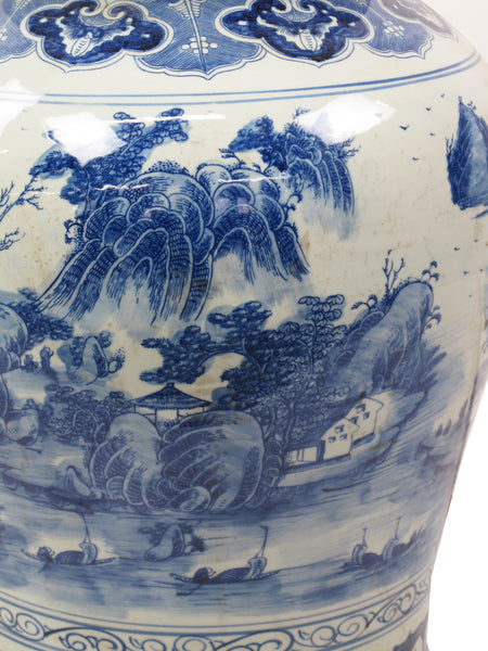 35 Inch Tall Grand Blue & White Porcelain Ginger Jar With Foo Dog Lid