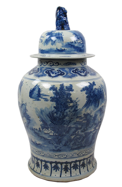 35 Inch Tall Grand Blue & White Porcelain Ginger Jar With Foo Dog Lid