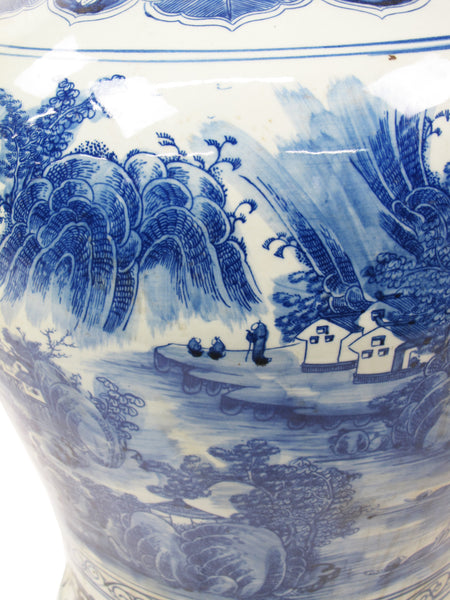 35 Inch Tall Grand Blue & White Porcelain Ginger Jar With Foo Dog Lid