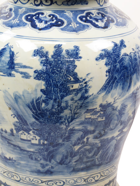 35 Inch Tall Grand Blue & White Porcelain Ginger Jar With Foo Dog Lid