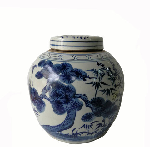 Blue and White Porcelain Tree and Flower Ginger Jar With Lid