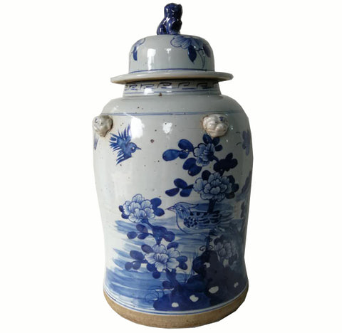 Blue and White Chinese Porcelain Ginger Jar With Flowers & Birds