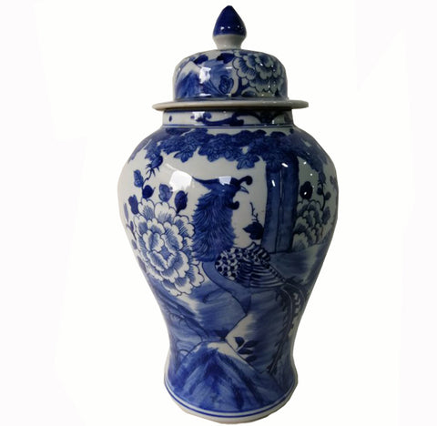 Blue and White Chinese Porcelain Ginger Jar With Birds & Flowers