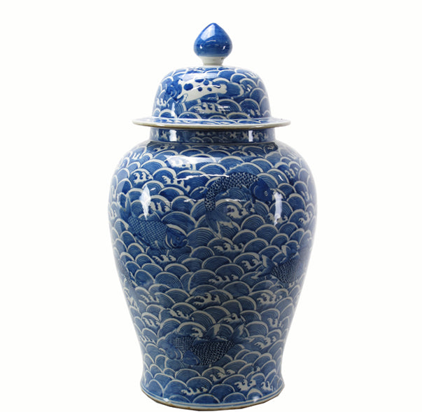 Large 27 Inch Tall Blue Ocean Wave Blue and White Porcelain Ginger Jar