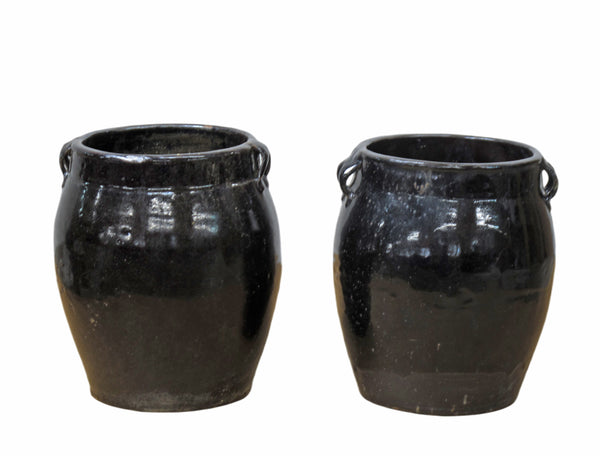 Hand Glazed Black Flower Pot - A Pair