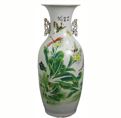 Vintage Chinese Dragon Flies Famille Rose Porcelain Vase