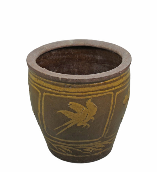 Large Glazed Earthenware Planter with Hand Painted Birds and Flowers