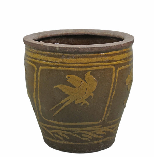 Large Glazed Earthenware Planter with Hand Painted Birds and Flowers
