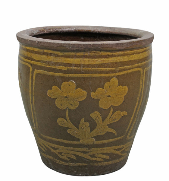 Large Glazed Earthenware Planter with Hand Painted Birds and Flowers