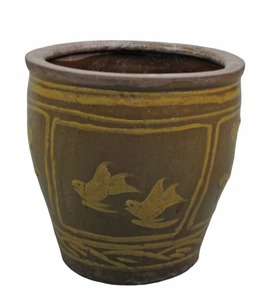 Large Glazed Earthenware Planter with Hand Painted Birds and Flowers