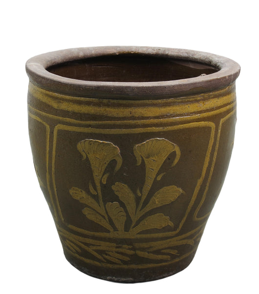 Large Glazed Earthenware Planter with Hand Painted Birds and Flowers