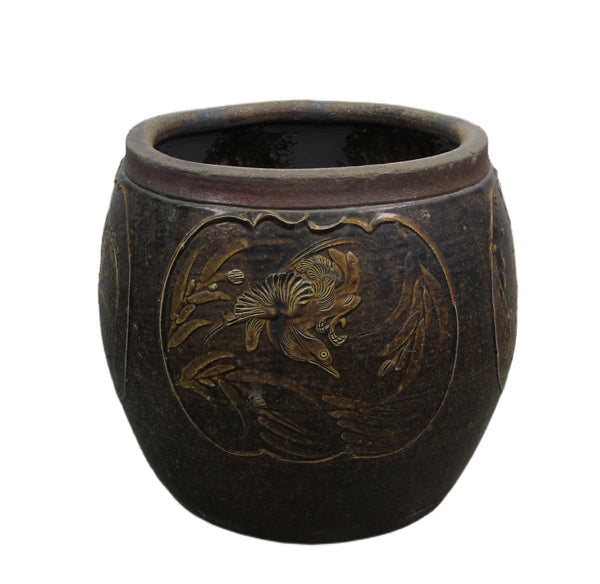 Dark Brown Glazed Earthenware Planter with Hand Painted Mystic Birds and Plants