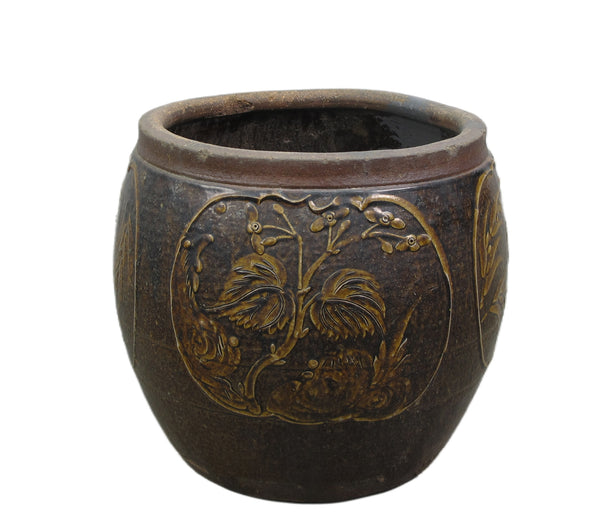 Dark Brown Glazed Earthenware Planter with Hand Painted Mystic Birds and Plants