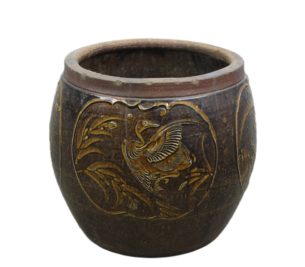 Dark Brown Glazed Earthenware Planter with Hand Painted Mystic Birds and Plants