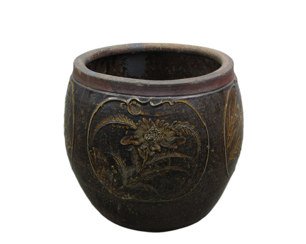 Dark Brown Glazed Earthenware Planter with Hand Painted Mystic Birds and Plants