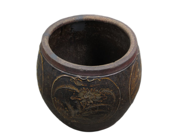 Dark Brown Glazed Earthenware Planter with Hand Painted Mystic Birds and Plants