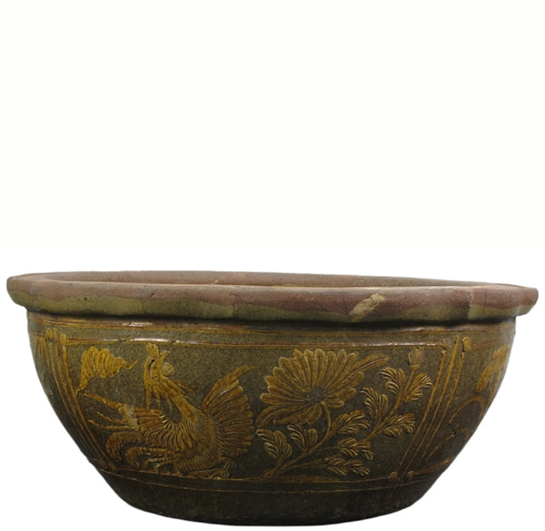 Large Glazed Earthenware Planter with Hand Painted Mystic Birds and Plants