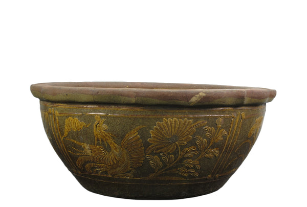 Large Glazed Earthenware Planter with Hand Painted Mystic Birds and Plants